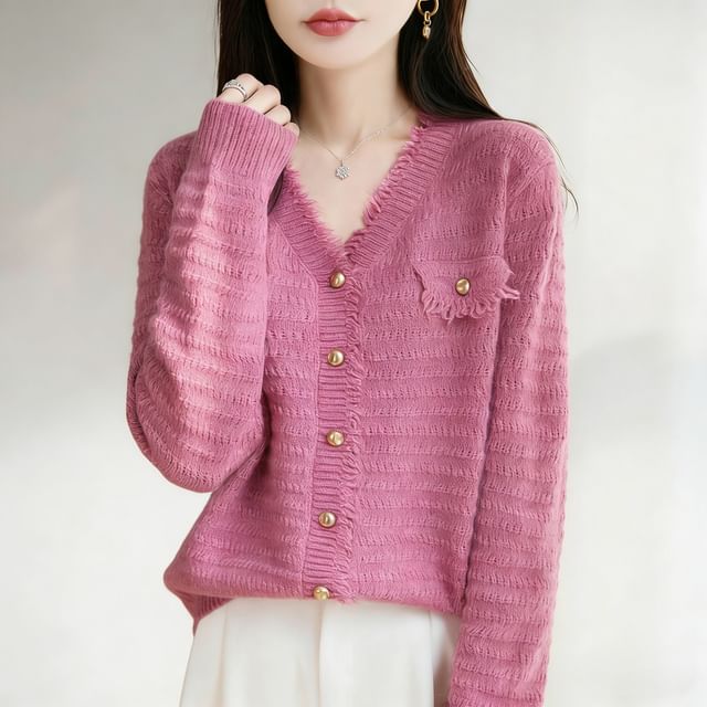 Weelop-V-Neck Frayed Plain Cardigan