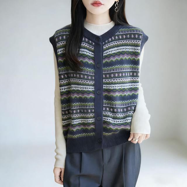 Weelop-V-Neck Jacquard Button-Up Sweater Vest