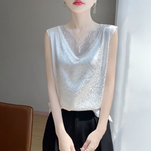 Weelop-V-Neck Jacquard Mesh Panel Tank Top