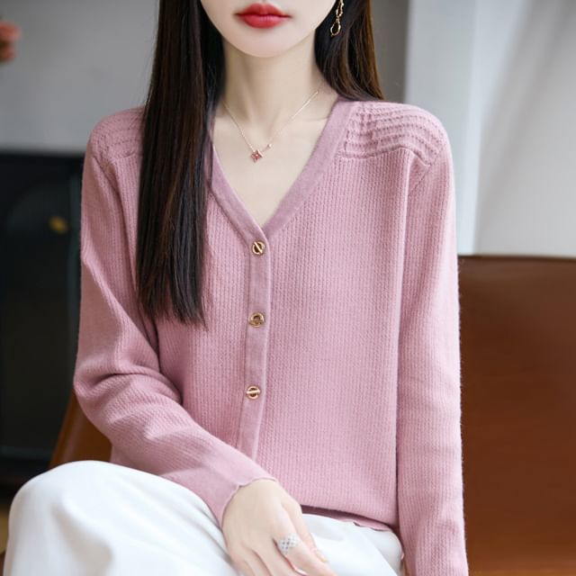 Weelop-V-Neck Plain Ribbed Button-Up Cardigan