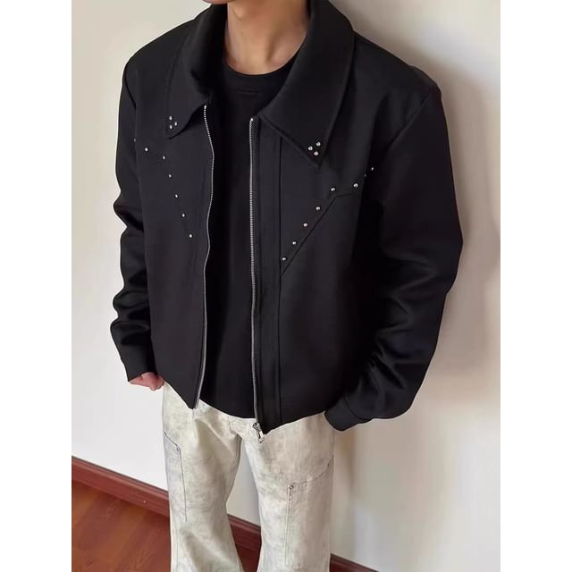 Wescosso-Collared Plain Studded Panel Zip Jacket