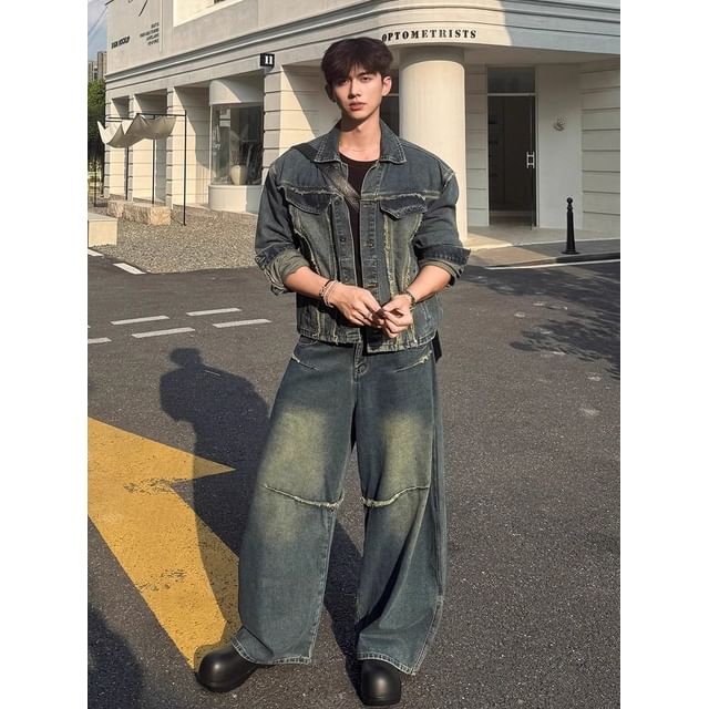 Wescosso-Collared Washed Fray Panel Button Denim Jacket Mid Rise Wide Leg Jeans