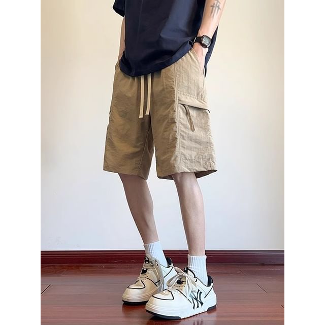 Wescosso-Drawstring Waist Plain Cargo Shorts