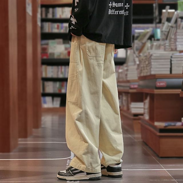 Wescosso-Drawstring Waist Plain Straight Leg Cargo Pants