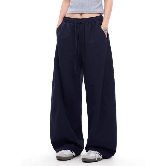 Wescosso-Drawstring Waist Plain Wide Leg Pants