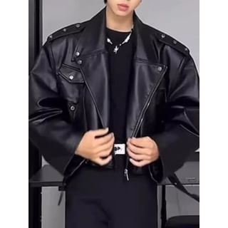 Wescosso-Faux Leather Zip Biker Jacket