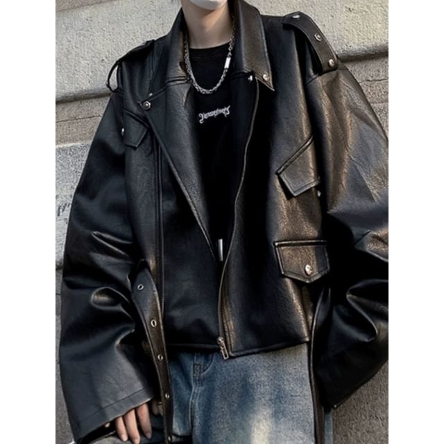 Wescosso-Faux Leather Zip Biker Jacket