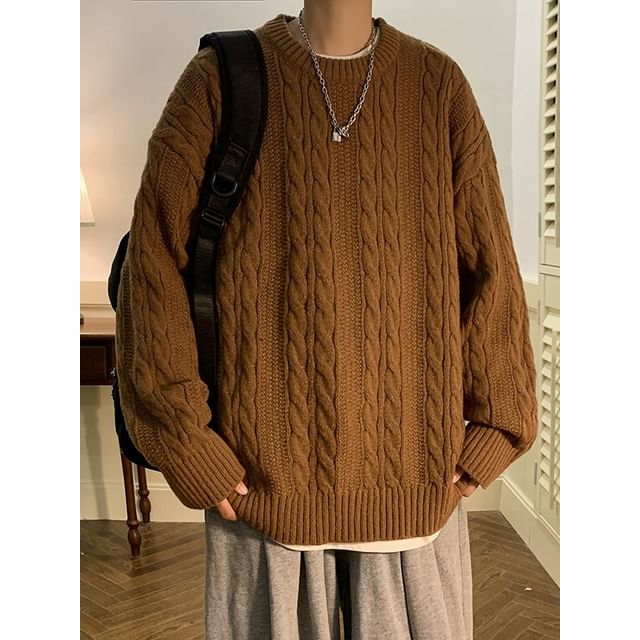 Wescosso-Long-Sleeve Crew Neck Plain Cable Knit Sweater