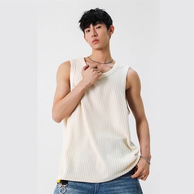 Wescosso-Round Neck Plain Ribbed Tank Top