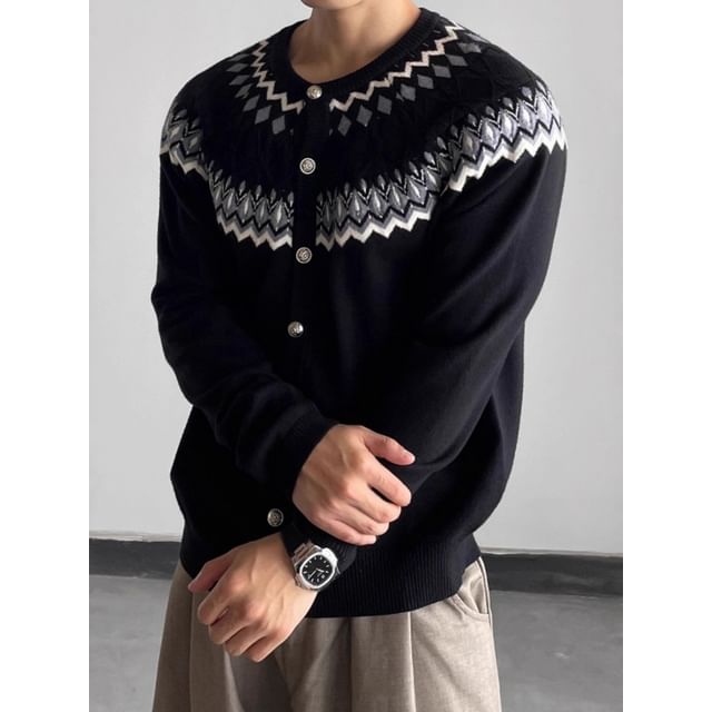 Wescosso-Round Neck Zig Zag Cardigan
