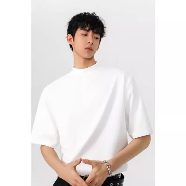 Wescosso-Short-Sleeve High Neck Plain T-Shirt
