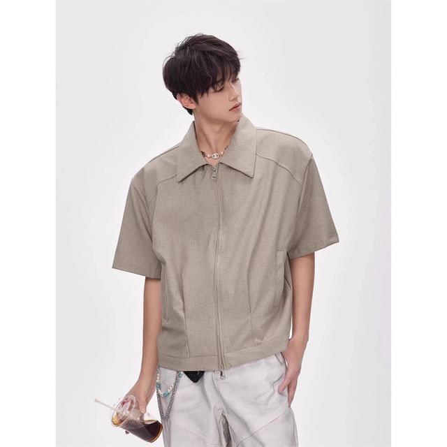 Wescosso-Short-Sleeve Plain Zip-Up Shirt