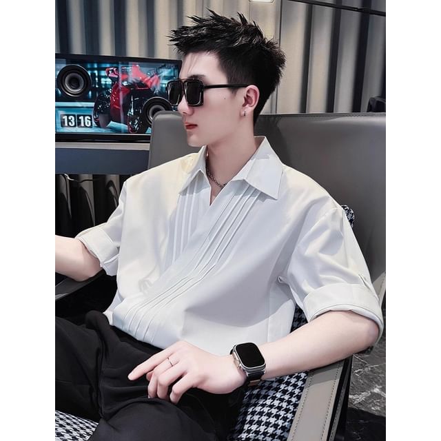 Wescosso-Short-Sleeve Pleated Plain Shirt