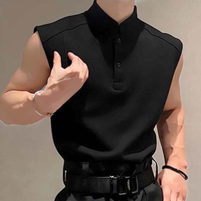 Wescosso-Sleeveless Stand Collar Plain Button Top