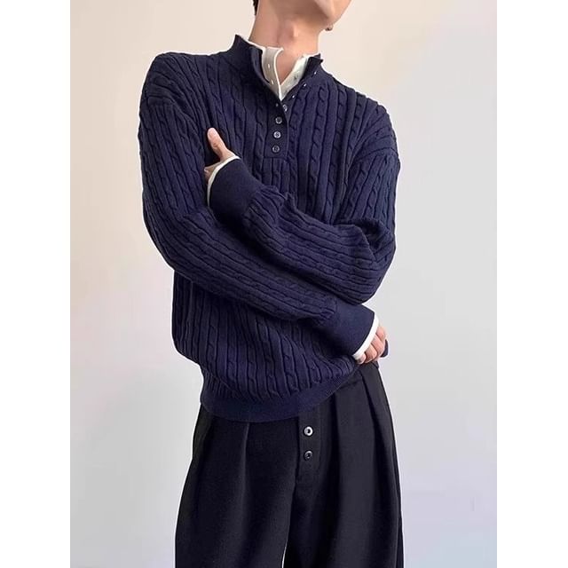 Wescosso-Stand Collar Henley Mock Two Piece Cable Knit Sweater