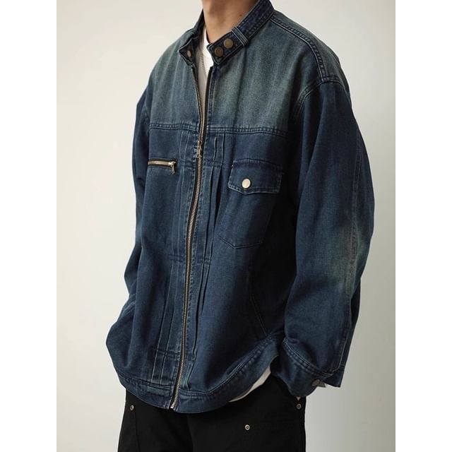 Wescosso-Stand Collar Washed Zip Denim Jacket