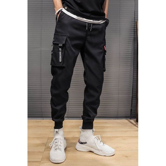 Wewewow-Drawstring Waist Plain Fleece-Lined Tapered Cargo Pants