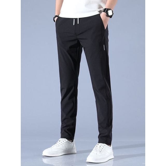 Wewewow-Drawstring Waist Plain Tapered Pants