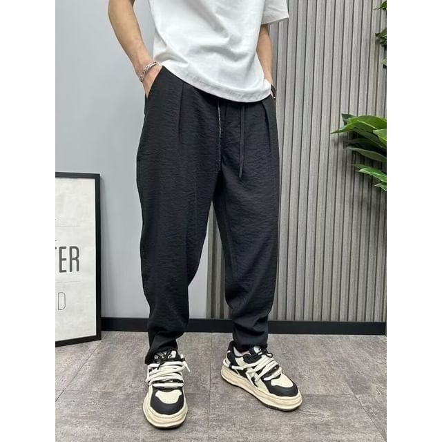 Wewewow-Drawstring Waist Plain Tapered Pants