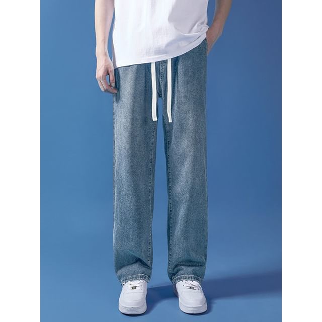 Wewewow-Drawstring Waist Washed Straight Leg Jeans