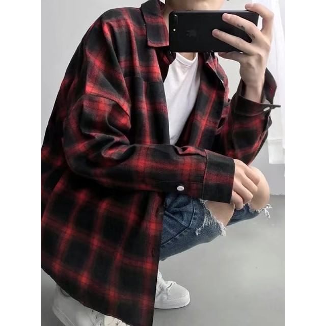 Wewewow-Long-Sleeve Plaid Shirt