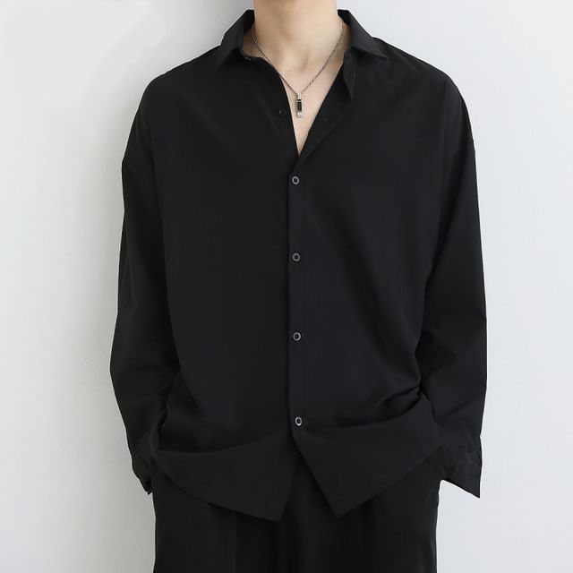 Wewewow-Long-Sleeve Plain Button-Up Shirt Various Designs