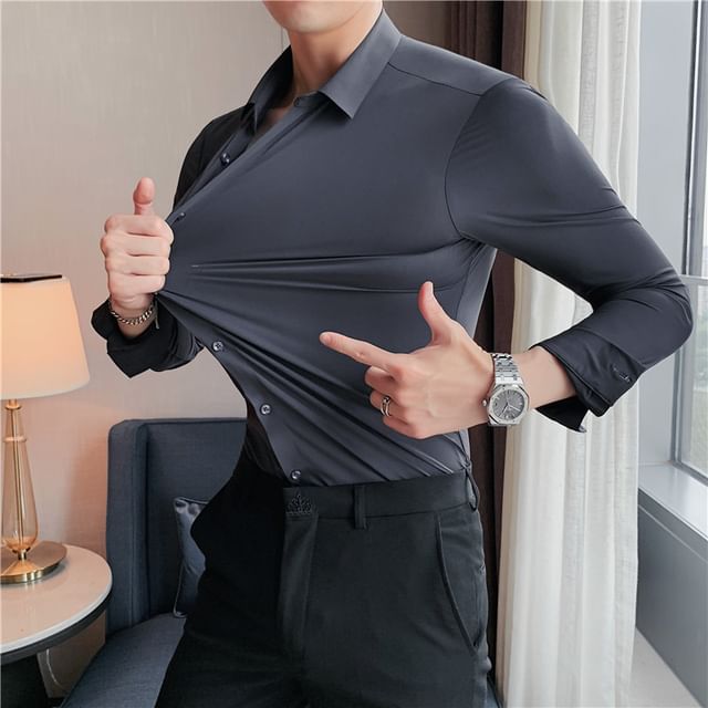 Wewewow-Long-Sleeve Plain Shirt
