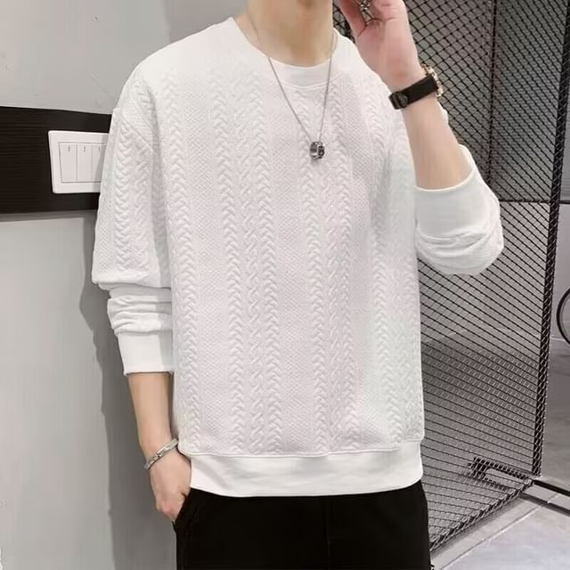 Wewewow-Round Neck Plain Sweatshirt