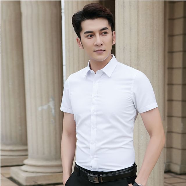 Wewewow-Short Sleeve Collared Plain Shirt