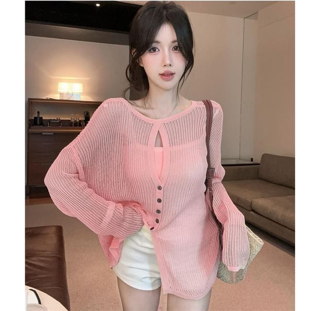 Whoosh-Button-Up Plain Cardigan Cami Top
