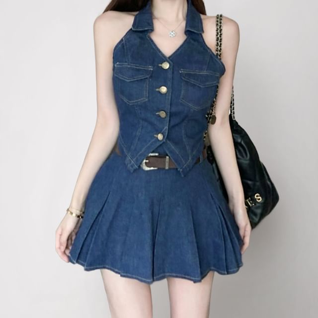 Whoosh-Collared Washed Button Denim Vest High Waist Pleated Mini A-Line Skirt