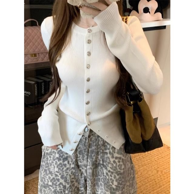 Whoosh-Crew Neck Button-Up Plain Cardigan