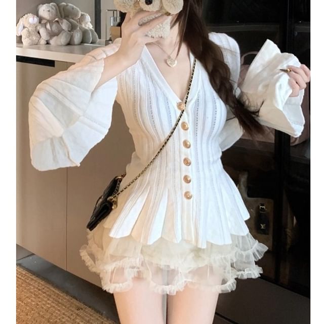 Whoosh-Flared-Cuff V-Neck Mesh Ruffle Button-Up Cardigan