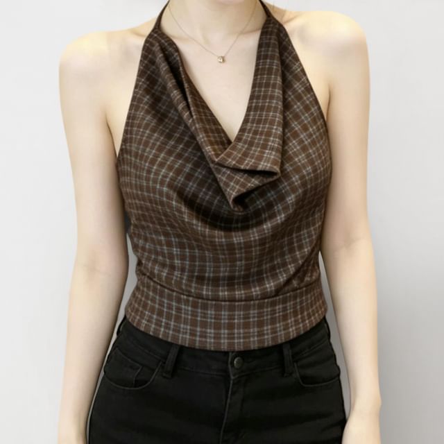 Whoosh-Halter Neck Plaid Camisole Top