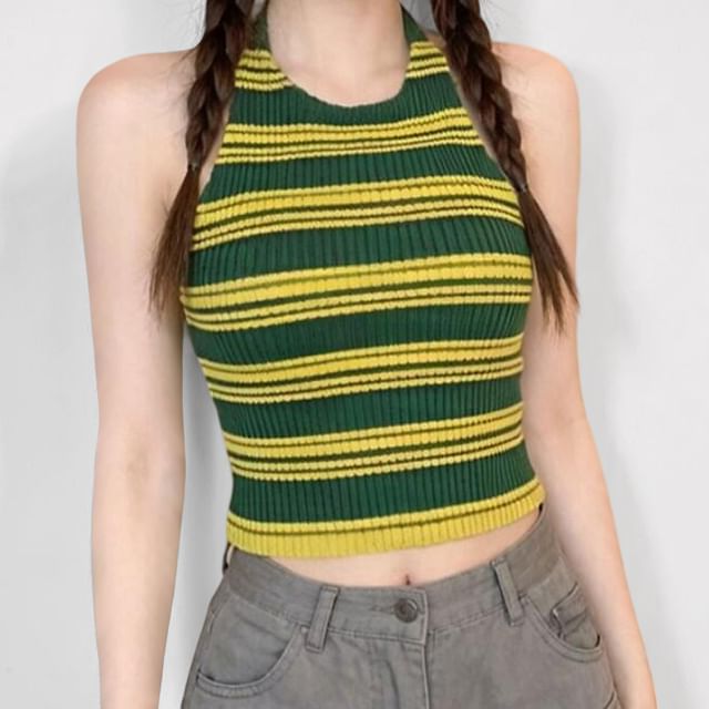 Whoosh-Halter Neck Striped Tie Back Crop Knit Top