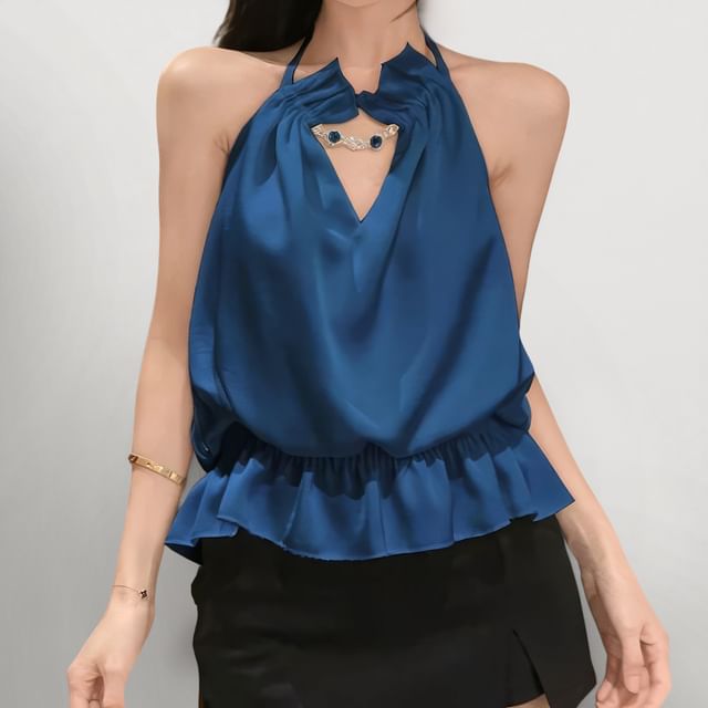 Whoosh-Halter Plain Rhinestone Chain Ruffle Top