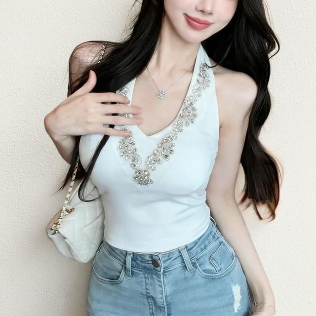 Whoosh-Halter V-Neck Rhinestone Accent Open Back Crop Top