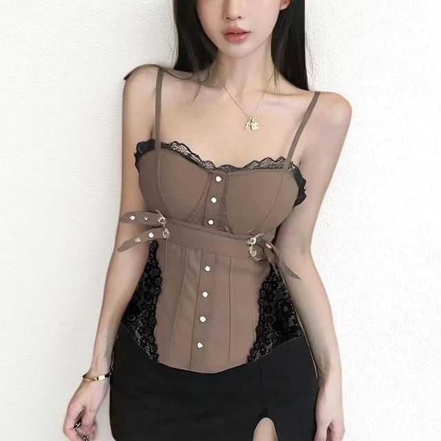 Whoosh-Lace Panel Buckled Crop Camisole Top
