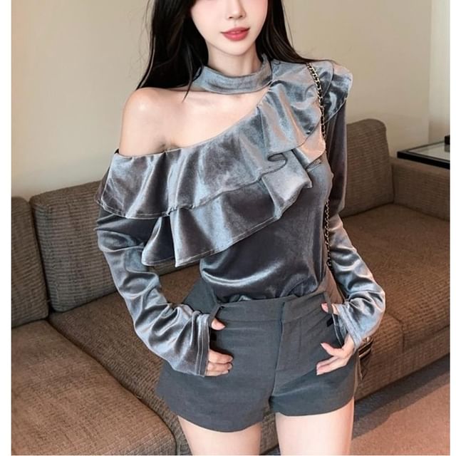 Whoosh-Long-Sleeve Asymmetrical Neck Off-Shoulder Plain Ruffle Trim Velvet Top