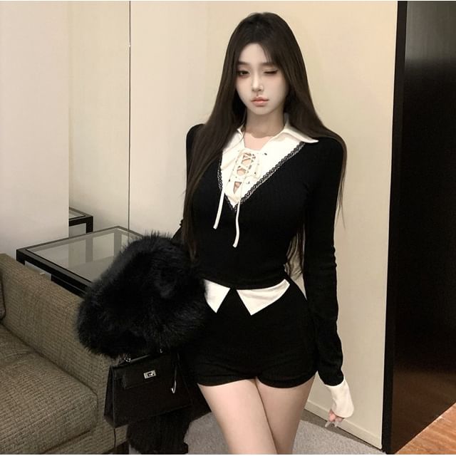 Whoosh-Long Sleeve Collared Mock Two Piece Lace Up Top