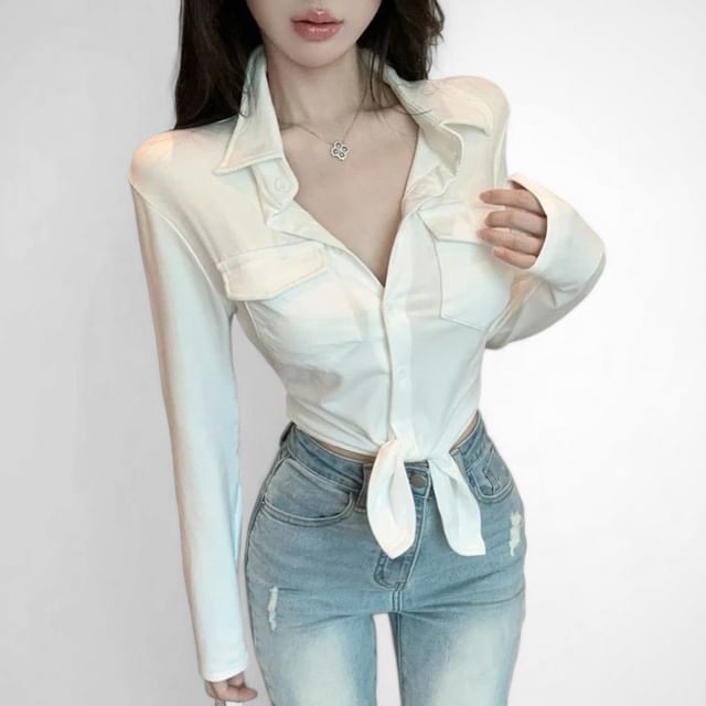 Whoosh-Long Sleeve Collared Plain Tie-Up Shirt