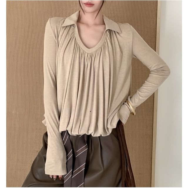 Whoosh-Long Sleeve Collared V-Neck Plain Ruched Blouse
