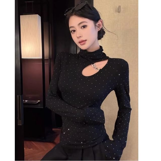 Whoosh-Long-Sleeve High Neck Rhinestone Cutout Tee