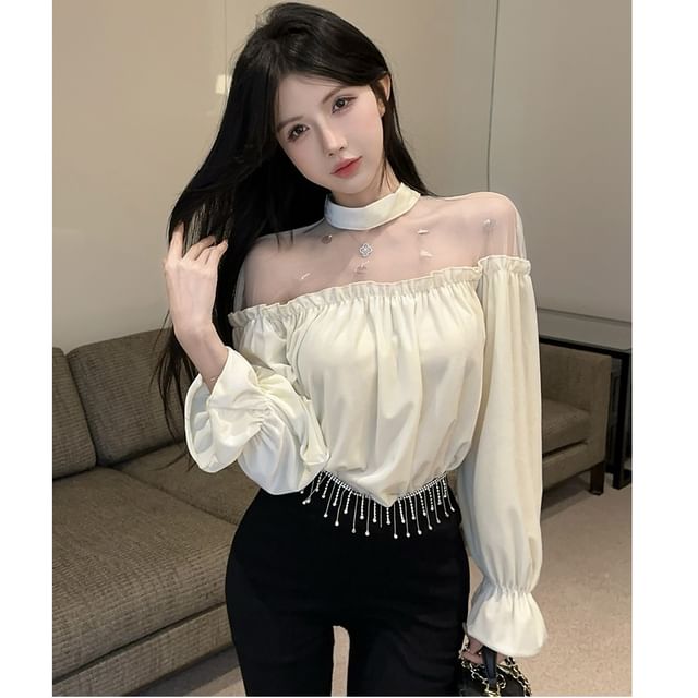 Whoosh-Long-Sleeve Mock Neck Sheer Panel Blouse