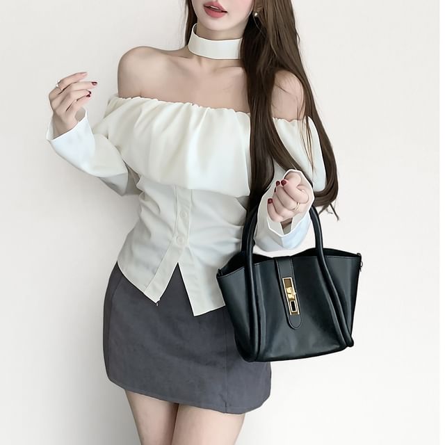 Whoosh-Long Sleeve Off Shoulder Plain Ruffle Blouse