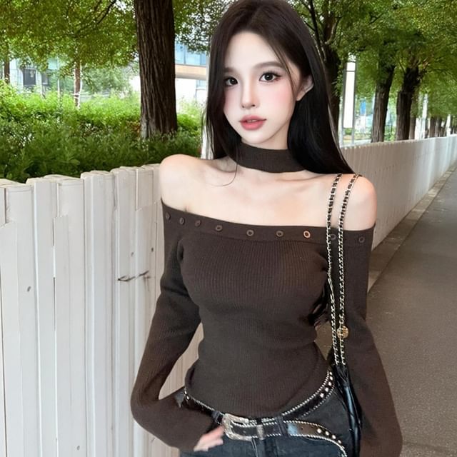Whoosh-Long-Sleeve Off Shoulder Studded Plain Top