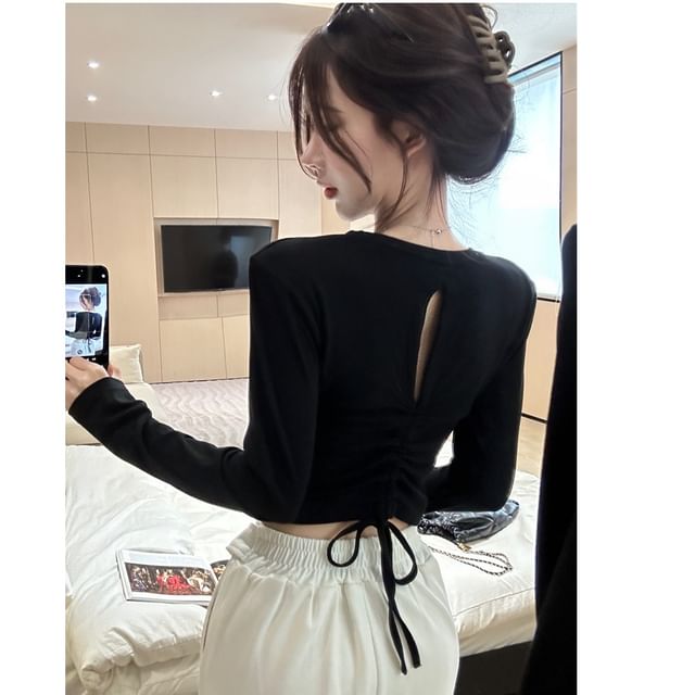Whoosh-Long-Sleeve Open Back Plain Crop Top