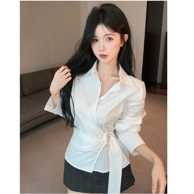 Whoosh-Long-Sleeve Plain Buckled Wrap Shirt