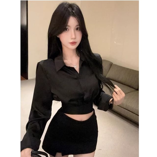 Whoosh-Long-Sleeve Plain Crop Button-Up Shirt