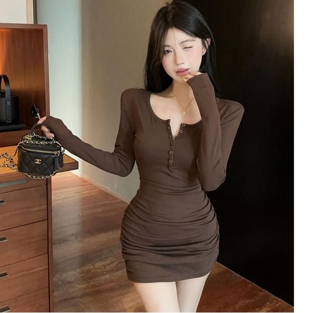 Whoosh - Long-Sleeve Plain Henley Mini Bodycon Dress